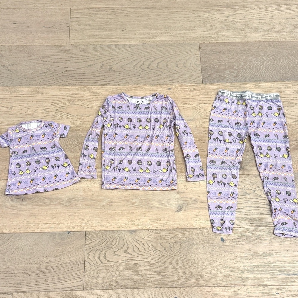 Bellabu Bear Easter Isle Purple Bamboo PJ Set – 4T, GUC + Matching Doll Dress